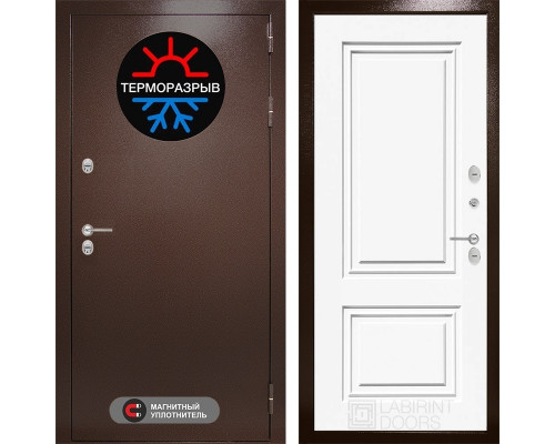 Уличная входная дверь Термо Магнит 26 (Антик медный / Эмаль белая RAL 9003) для загородного дома, дачи, коттеджа, толщина полотна 102 мм, толщина металла 1.5 мм, антикоррозийная защита, магнитный контур уплотнения