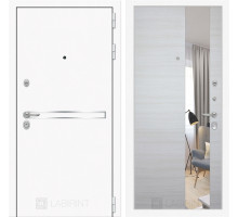Входная дверь Line White с зеркалом (Шагрень белая / Акация светлая) для квартиры в ПИК с шумоизоляцией, толщина полотна 95 мм, взломостойкая с тол