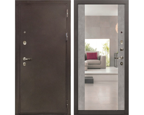 Входная дверь 5А Цезарь зеркало №102 (Медный антик / Бетон светлый) для квартиры с шумоизоляцией, толщина полотна 100 мм, взломостойкая с толщиной металла 1.8 мм, замки 4-го класса защиты, три контура уплотнения