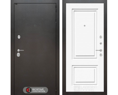 Входная дверь Сильвер 26 (Антик темное серебро / Эмаль белая RAL 9003) для квартиры с шумоизоляцией, толщина полотна 105 мм, взломостойкая с толщиной металла 1.8 мм и магнитным контуром уплотнения, замки 4-го класса защиты