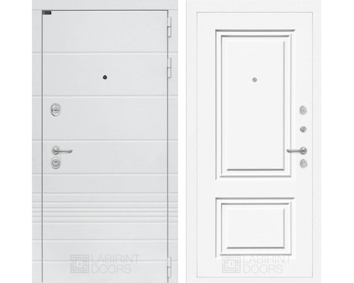 Входная дверь Трендо 26 (Белый камень / Эмаль белая RAL 9003) для квартиры в ПИК с шумоизоляцией, толщина полотна 115 мм, взломостойкая с толщиной металла 1.8 мм, замки 4-го класса защиты, панели МДФ с двух сторон