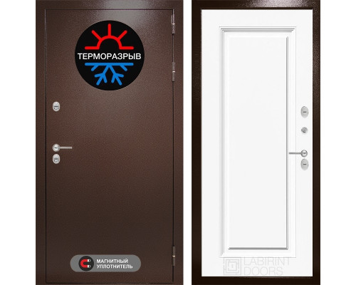 Уличная входная дверь Термо Магнит 27 (Антик медный / Эмаль белая RAL 9003) для загородного дома, дачи, коттеджа, толщина полотна 102 мм, толщина металла 1.5 мм, антикоррозийная защита, магнитный контур уплотнения